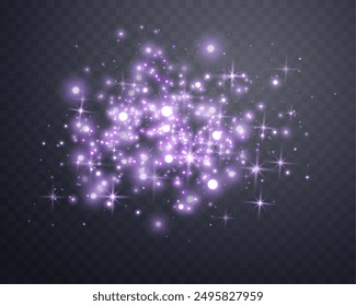 Puntos luminosos púrpuras y polvo de estrellas. Puntos, partículas, estrellas, destellos mágicos... Efecto de luz de destello brillante. Partículas de Vector sobre fondo transparente.