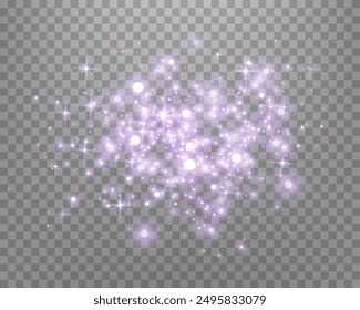 Purple luminous points and stardust. Purple glittering dots, particles, stars magic sparks. Glow flare light effect. Vector particles on transparent background.