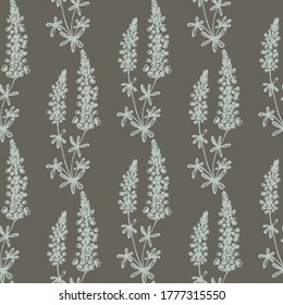 Purple lupine wildflower seamless vector pattern. Great for home decor, fabric, wallpaper, gift-wrap, stationery and packaging design projects.