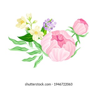 Purple Lush Peony Flower Arranged with Garden Flora Vector Illustration