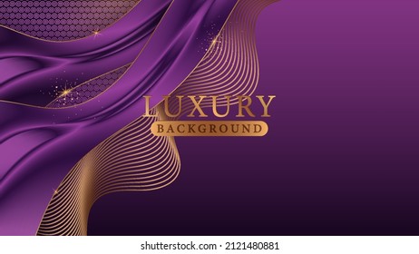 Purple luxury background with silk and gold design elements. Stock vector illustration.