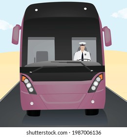 Purple Luxury Bus. Front Side. Vector Illustration