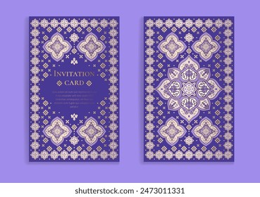 Purple luxury invitation card design with vector mandala ornament pattern. Vintage template. Can be used for background and wallpaper. Elegant and classic vector elements great for decoration.