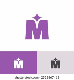 um M roxo com estrela brilhante no vetor de design de logotipo superior