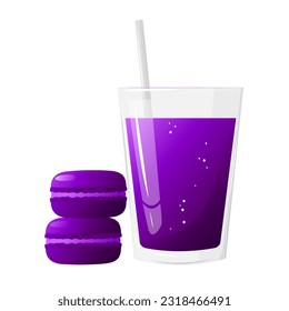 Purple macarons with  blackberries and  glass of berries juice or lemonade.Highly detailed dessert, macaroon, sweets, menu design, restaurants shop. Gradient macarons.Vector illustration.