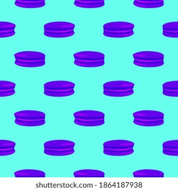 Macarones morados, patrón sin fisuras sobre fondo azul.