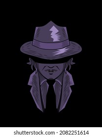 purple mafia man vector on black background, elegant details and concept.