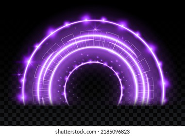 Purple magic arc. Abstract magic light effect. Luminous neon arch lines with flying lights.