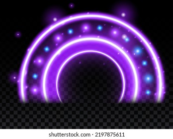 Purple magic arc. Abstract magic light effect. Luminous neon arch lines with flying lights.