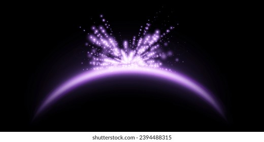 Arco mágico púrpura con partículas brillantes, lente de luz solar. Arco de bengala de energía realistas.    
Efecto abstracto de la luz sobre un fondo negro. Ilustración vectorial.