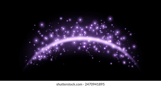 Purple magic arch with glowing particles, sunlight lens flare. Neon realistic energy flare arch.    
Abstract light effect on a black background. Vector illustration.