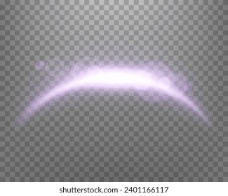 Purple magic arch with sunlight lens flare. Neon realistic energy flare arch. Abstract light effect on a transparent background. Vector illustration.