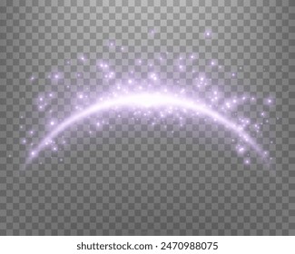 Purple magic arch with sunlight lens flare. Neon realistic energy flare arch. Abstract light effect on a transparent background. Vector illustration.