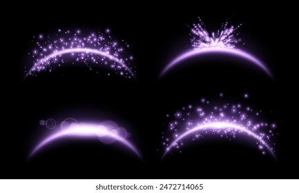 Purple magic arches set with glowing particles, sunlight lens flare. Neon realistic energy flare arch. Abstract light effect on a black background. Vector illustration.