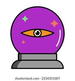 Purple magic ball with orange eyes surrounded by stars on a grey stand. Abstract design suitable for halloween themes