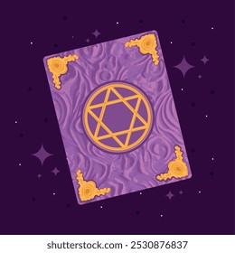 Purple magic book with golden pentagram on starry background, Vector