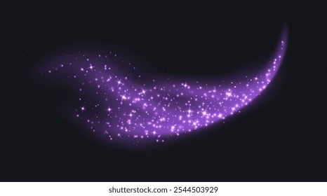 Purple magic cloud with sparkles, stardust sparkling decoration. Glowing glitter smoke trail. Vector illustration.