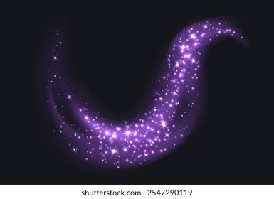 Purple magic cloud with sparkles, stardust sparkling decoration. Glowing glitter smoke trail. Vector illustration.