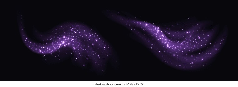 Purple magic cloud with sparkles, stardust sparkling decoration. Glowing glitter smoke trail. Vector illustration.