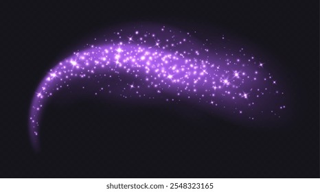 Purple magic cloud with sparkles, stardust sparkling decoration. Glowing glitter smoke trail. Vector illustration.