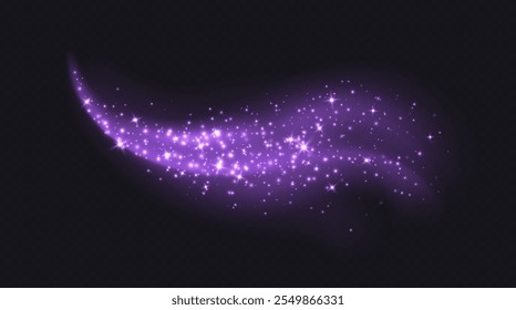 Purple magic cloud with sparkles, stardust sparkling decoration. Glowing glitter smoke trail.