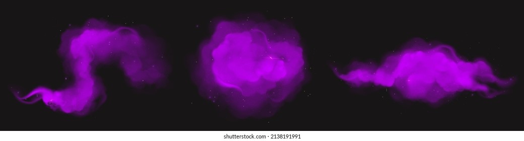 Purple magic dust clouds with sparkles and glitter, curve and round powder smoke. Holi paints of violet color, dye splashes or mystic haze on black background, Realistic design 3d vector illustration