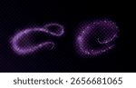 Purple magic dust trail with sparkles on dark transparent backdrop. Vector design element of glowing abstract wavy, shine, glitter beam