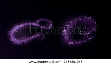 Purple magic dust trail with sparkles on dark transparent backdrop. Vector design element of glowing abstract wavy, shine, glitter beam
