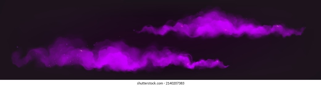 Purple magic dust trails with sparkles and glitter. Horizontal powder cloud tracks, Holi paints, violet color mysterious haze splashes on black background, Realistic design 3d vector illustration