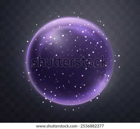 Purple magic fantasy sphere. Crystal ball with glowing sparkles and particles. Energy orb with glow flare light effect. Isolated on transparent background. Vector illustration.