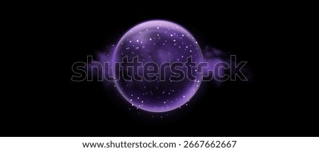 Purple magic fantasy sphere. Crystal ball with glowing sparkles, particles and smoke. Energy orb with glow flare light effect. Isolated on transparent background. Vector illustration.