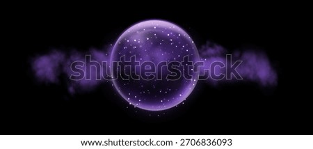 Purple magic fantasy sphere. Crystal ball with glowing sparkles and particles. Energy orb with glow flare light effect. Isolated on transparent background. Vector illustration.