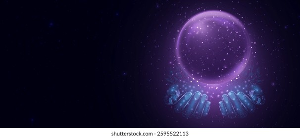 Purple magic fantasy sphere in hands. Crystal ball with glowing sparkles and particles. Energy orb with glow flare light effect. Isolated on transparent background. Vector illustration.