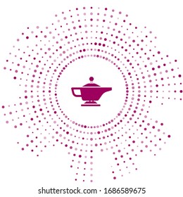 Purple Magic lamp or Aladdin lamp icon isolated on white background. Spiritual lamp for wish. Abstract circle random dots. Vector Illustration