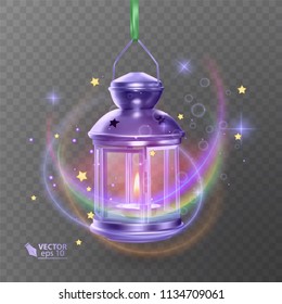 Purple magic lamp surrounded by luminous effects, realistic lamp on transparent background, vector illustration