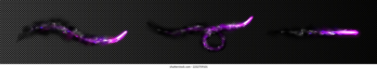Luz mágica púrpura, efecto traza de humo con estrellas o destellos. Espectro de varita, meteorito, mago brillante, trazo brillante de hadas aislado en fondo transparente, ilustración 3d vectorial realista