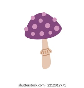 Purple magic mushroom toadstool. Fly agaric, fairy-mushroom, amanita muscaria, fungus. Inedible poisonous mushroom. Witchcraft ingredient, element. Vector hand drawn illustration.