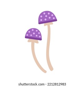 Purple magic mushroom toadstool. Fly agaric, fairy-mushroom, amanita muscaria, fungus. Inedible poisonous mushroom. Witchcraft ingredient, element. Vector hand drawn illustration.