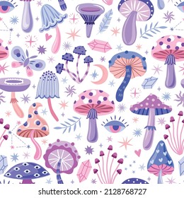 Purple magic mushrooms seamless pattern