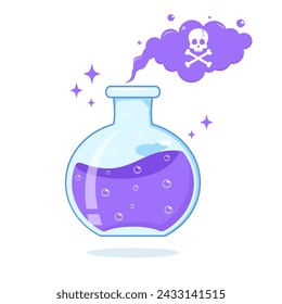 Purple magic poison in a glass bottle with smelling purple cartoon fart cloud vector illustration