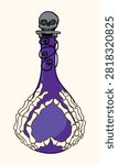 Purple magic potion bottle with a skull stopper and skeleton hands wrapped around the glass. Perfect for Halloween, fantasy, witchcraft, gothic themes, party decorations, stickers, games, and spooky designs.