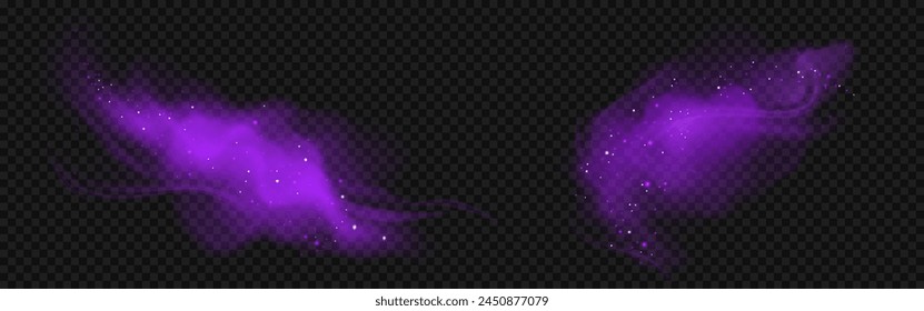 Purple magic smoke effect with light and sparkle. Air breeze flow isolated. Fog cloud abstract realistic transparent vector. Dream smokey tail with shimmer flying. Neon wizardry powder spell swirl