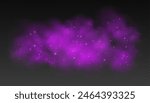 Purple magic smoke with stars and sparkles, fog with glowing particles, colorful vapor with star dust. Fantasy haze overlay. Vector illustration.