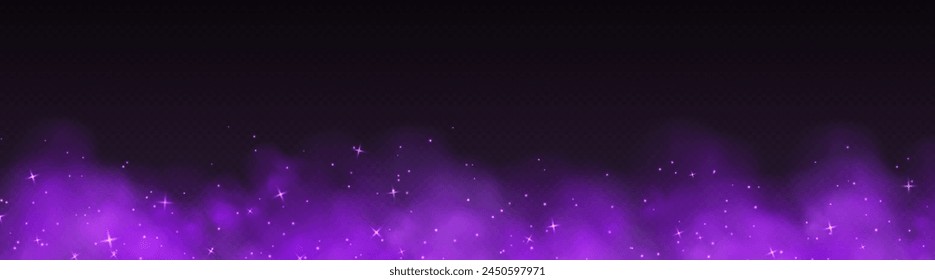 Purple magic smoke with stars and sparkles, fog with glowing particles, colorful vapor with star dust. Fantasy haze background. Vector illustration.