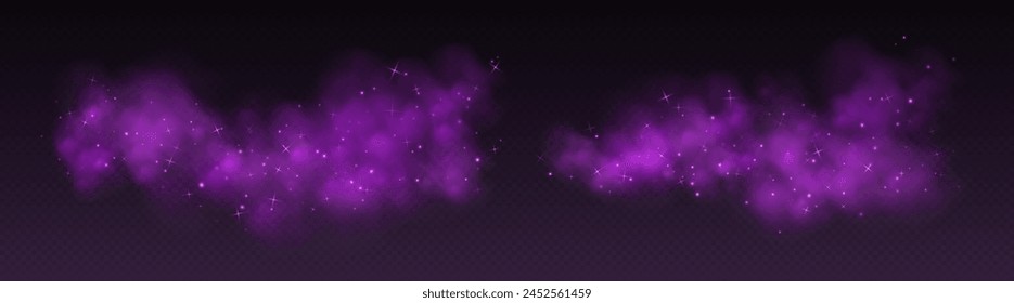 Purple magic smoke with stars and sparkles, fog with glowing particles, colorful vapor with star dust. Fantasy haze overlay. Vector illustration.