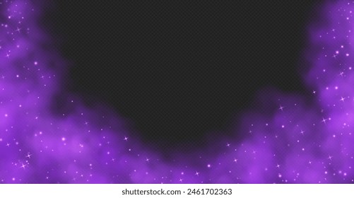 Purple magic smoke with stars and sparkles, fog with glowing particles, colorful vapor with star dust. Fantasy haze background. Vector illustration.