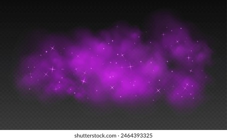 Purple magic smoke with stars and sparkles, fog with glowing particles, colorful vapor with star dust. Fantasy haze overlay. Vector illustration.