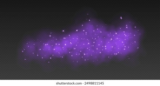 Purple magic smoke with stars and sparkles, fog with glowing particles, colorful vapor with star dust. Fantasy haze overlay. Vector illustration.