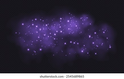 Purple magic smoke with stars and sparkles, fog with glowing particles, colorful vapor with star dust. Fantasy haze overlay. Vector illustration.