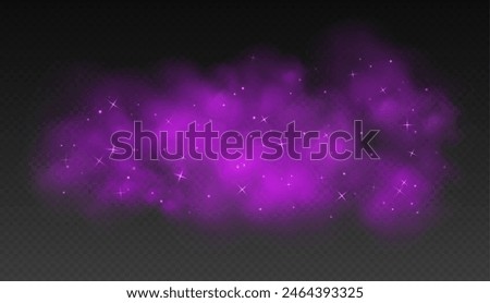 Purple magic smoke with stars and sparkles, fog with glowing particles, colorful vapor with star dust. Fantasy haze overlay. Vector illustration.